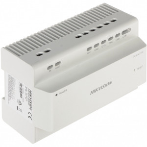 Distribuitor videointerfon IP 2 fire HikVision Pro DS-KAD706-S 6 interfete cascadabile, 1 port RJ-45, indicatori LED status, montaj pe sina DIN, alimentare 24VDC, fara functie de alimentare dispozitive, controler sistem hibrid
