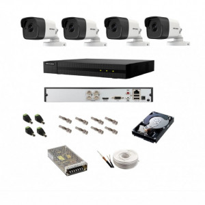 Kit complet supraveghere 5 MP Hikvision Turbo HD cu 4 camere Bullet IR 20 m,alimentatori, cabluri, mufe, HDD 1 Tb, vizualizare pe internet