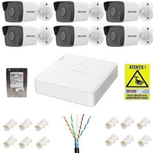 Kit supraveghere IP Hikvision 6 camere 2MP IR 30m PoE Lentila 2.8mm, NVR 8 canale 6MP PoE, accesorii montaj, HDD 1TB