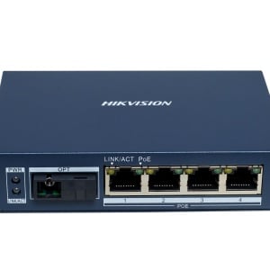 Media convertor Gigabit Hikvision DS-3D504TP-A, 4 porturi PoE 10/100/1000 Mbps, 1 port fibra optica SC, transmisie 20km, protectie 6KV, WDM single-fiber, plug-and-play, carcasa metalica, design industrial
