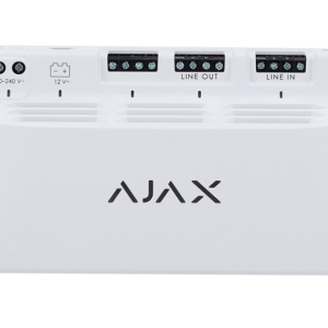 Modul alimentare suplimentara cablat Ajax Superior LineSupply 75W Fibra (White), 2 linii iesire 30W, distanta 2000m, izolatie galvanica, suport acumulator backup 7-18Ah, protectie scurtcircuit, alimentare 100-240V, grad 3