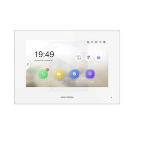 Post interior interfon IP 2-wire Hikvision DS-KH6320Y-WTE2/WH, ecran touchscreen 7” 1024×600, Wi-Fi, microfon si difuzor incorporat, audio bidirectional, TF card pana la 128GB, 8 intrari alarma, 2 relee, TCP/IP SIP RTSP