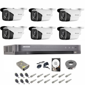 Sistem complet supraveghere 5 MP Hikvision Turbo HD cu 6 camere Bullet IR 40 m, alimentatori, cabluri, mufe, HDD 1TB si cablu HDMI
