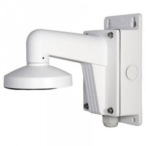 Suport de perete Hikvision DS-1273ZJ-140B pentru camere supraveghere, include doză de conexiuni (Junction Box), fabricat din aliaj de aluminiu rezistent, culoare albă Hikvision, ideal pentru montaj la exterior și organizarea cablurilor