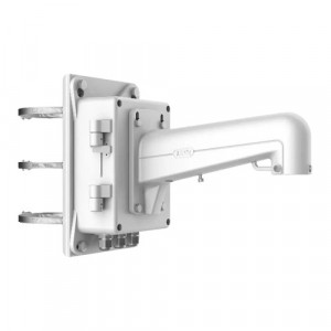 Suport stalp Hikvision DS-1602ZJ-BOX-POLE, cu doza de conexiuni, fabricat din aliaj de aluminiu si otel, culoare alb (Hikvision White), pentru camere PTZ, include bride de fixare, rezistent la coroziune