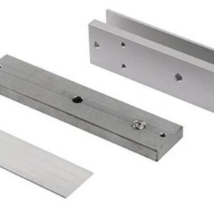 Suport U pentru incuietoare electromagnetica Hikvision DS‑K4H250‑U, din aldural cu finisaj sablat/anodizat, pentru usi din sticla fara rama 10‑15 mm, deschidere 90°, compatibil cu seria 300 kg, dimensiuni 180×40×28 mm, greutate ~320 g