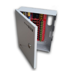 Sursa de alimentare in comutatie Vidy VD-05A, iesire reglabila 12V-14V DC, curent total 5A, dotata cu 9 iesiri protejate individual, carcasa metalica de distributie tip box, ideala pentru centralizarea sistemelor de supraveghere CCTV