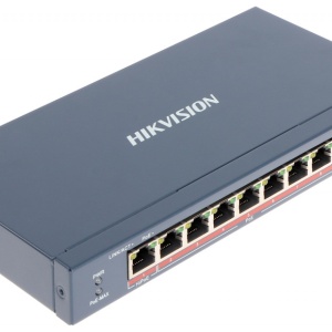Switch de retea PoE Hikvision DS-3E0310HP-E(C), unmanaged, 8x10/100Mbps PoE + 2xGigabit, Hi-PoE 802.3bt 90W/port, 300m PoE range, izolatie porturi, PoE watchdog, protectie 6kV pentru camere IP