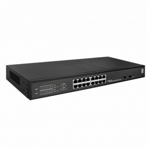 Switch Gigabit PoE Level1 GES-2118P Smart Lite Hilbert, 16 porturi PoE+ 802.3at/af, 2 porturi SFP, buget putere 230W, management L2, PoE Watchdog, protectie descarcari 4kV, suport 250m Long-range PoE, rack 19 inch