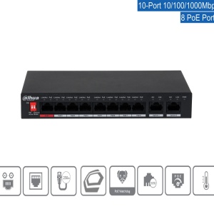 Switch PoE Dahua Gigabit DH-PFS3010-8GT-96, 10 porturi (8x PoE + 2x Uplink), putere totala 96W, suporta Hi-PoE BT 90W, functie PoE Watchdog, Long Distance PoE, carcasa metalica, protectie descarcari electrice