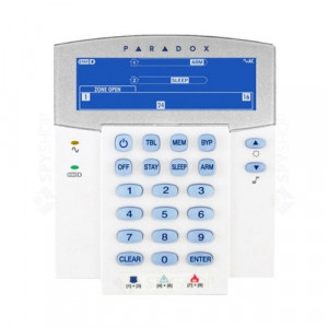 Tastatura LCD wireless Paradox K38, afisare 32 zone si 2 partitii, frecventa 433/868 MHz, raza 40m, taste tip one-touch, 3 alarme panica, compatibila gamele Magellan si Spectra, upgrade firmware facil
