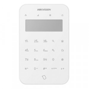 Tastatura wireless LCD Hikvision DS-PK1-LT-WE pentru sisteme alarma AX PRO, RF 868 MHz, ecran LCD, operare stay/away/disarm, panic/fire alert, 1200m range, tamper frontal/spate, baterii CR123