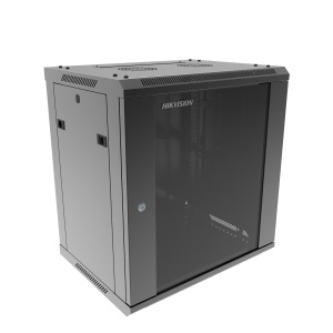 Cabinet rack Hikvision DS‑XS6412‑S/B 19″, wall‑mounted, 600×450×635mm, capacitate incarcare 40 kg, usa frontala sticla 4 mm, SPCC otel, pentru echipamente server si retea