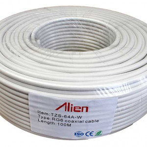 Cablu coaxial RG6 Alien TZS-64A-W, conductor din otel cuprat, dubla ecranare cu folie de aluminiu si tresa Al-Mg, izolatie PE expandat si manta PVC alba, ideal pentru TV si supraveghere video, rola 100 metri