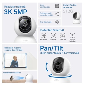 Camera TP-Link Tapo C230, 5MP 3K, Pan/Tilt 360°/114°, Night Vision 12 m, detectie AI cu notificari, alarma sonora, audio bidirectional, microSD 512 GB, stocare cloud Tapo Care, comenzi vocale Alexa/Google - Img 3