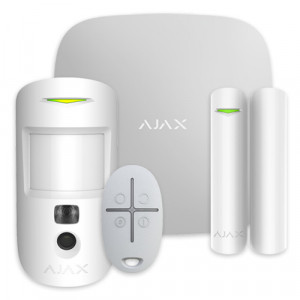 Kit alarma wireless Ajax StarterKit Cam Plus Jeweller, Hub 2 Plus (Wi-Fi, 4G, LAN), senzor miscare cu camera MotionCam, contact magnetic DoorProtect, telecomanda SpaceControl, suporta 200 dispozitive, alb