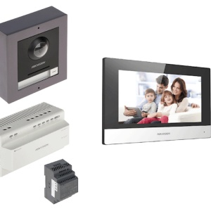 Kit videointerfon IP Hikvision DS-KIS702Y pe 2 fire pentru vila, ecran tactil 7 inch, control prin aplicatia Hik-Connect, post exterior DS-KD8003Y-IME2, distribuitor video si sursa, card TF 16GB inclus, montaj aparent