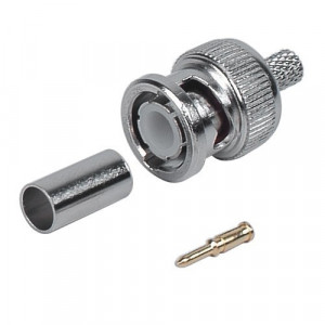 Mufa BNC MK008-BNC59 cu sertizare pentru cablu coaxial RG59, fabricata din metal de inalta calitate, conector rezistent pentru transmisie video clara, utilizata in sisteme de supraveghere CCTV si echipamente TV, montaj fix si sigur