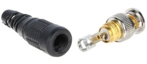 Mufa BNC tata cu fir metalic flexibil MK005-BNCFM, impedanta 50 Ohm, fabricata din metal rezistent, conector argintiu pentru conexiuni rapide in sisteme de supraveghere video CCTV, montaj usor si transmisie semnal stabila