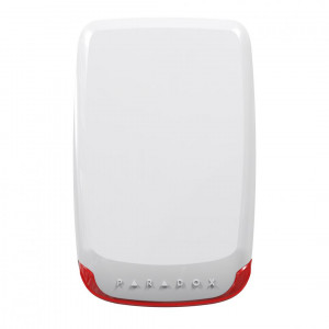 Sirena wireless de exterior Paradox SR230, piezoelectrica 100 dB, stroboscop integrat, comunicare bidirectionala 868 MHz, raza RF 70m, protectie tamper dublu, rezistenta la intemperii IP54, autonomie baterii pana la 3 ani