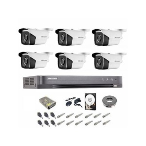 Sistem complet supraveghere 5 MP Hikvision Turbo HD cu 6 camere Bullet IR 40 m, sursa alimentare, HDD 1TB, full accesorii