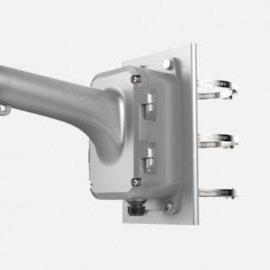 Suport montaj pe stalp Hikvision DS-1604ZJ-BOX-POLE-P, pentru camere Speed Dome, cutie de jonctiune integrata, constructie din aliaj de aluminiu si otel, finisaj Platinum Gray, rezistenta sporita la intemperii