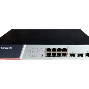 Switch Gigabit Full Managed PoE Hikvision DS-3E2510P(B), 8 porturi PoE, 2 porturi SFP, buget 30W/port, management L2, IGMP Snooping, IEEE 802.1x, suport EAPs/ERPs, QoS, SNMP, consola/web/SSH, protectie supratensiune