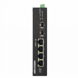 Switch PoE 4 Porturi Gigabit HikVision DS-3T0506HP-E/HS, Industrial Harsh, 1 port Hi-PoE 60W (802.3bt), 2 porturi SFP Fiber, PoE Watchdog, temperaturi extreme (-30°C la 65°C), protectie 6KV, carcasa metalica, Fanless