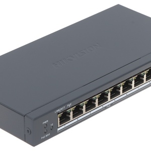 Switch PoE HikVision Gigabit Unmanaged 8 Porturi DS-3E0510P-E, 8 x PoE 10/100/1000 Mbps, 1 x Uplink RJ45, 1 x Uplink SFP, putere totala PoE 110W, protectie supratensiune 6KV, optimizat transmisie video, plug and play