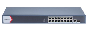 Switch PoE HikVision Smart Managed 16 porturi DS-3E1518P-EIV2, Gigabit, 1x Uplink RJ45, 1x SFP, buget putere 230W, management L2, suporta VLAN, protectie la supratensiune 6kV, prevenire bucle STP/RSTP, monitorizare stare cablu
