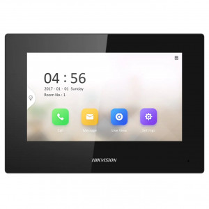 Videointerfon de interior IP Hikvision DS-KH6320-LE1(Black), ecran TFT color 7 inch, rezolutie 1024x600, Wi-Fi, alimentare PoE sau 12V, 8 intrari alarma, montaj aparent, suprimare zgomot si ecou