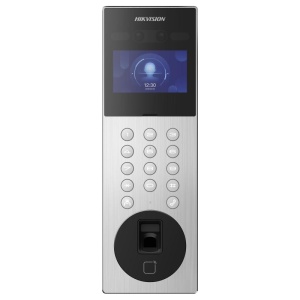 Videointerfon IP Hikvision DS-KD9203-MFE6, recunoastere faciala, ecran LCD 4.3 inch, camera duala 2MP, cititor card M1 si amprenta, tastatura PIN, protectie IP65, configurare Web, deblocare multipla