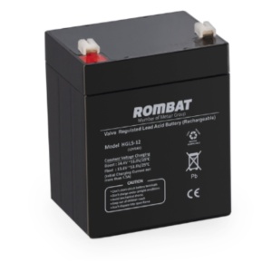 Acumulator Rombat 12V 5Ah HGL12‑5, AGM fara intretinere, monobloc ABS cu supapa de siguranta, terminale F1, ideal pentru sisteme de back‑up si echipamente de securitate, dimensiuni 90×70×107 mm, greutate ~1.55 kg