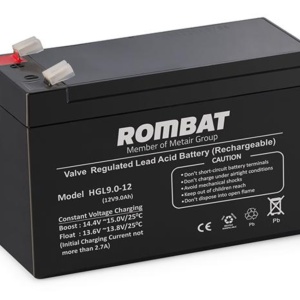 Acumulator stationar 12V 9Ah Rombat HGL12-9, baterie plumb-acid AGM fara intretinere, terminal F2 6.35x7.80 mm, dimensiuni 151x65x101 mm, greutate 2.35 kg, monobloc ABS, pentru UPS, sisteme alarma si echipamente back-up energie