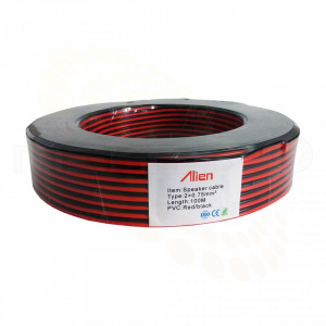 Cablu alimentare rosu-negru Alien MK024-CA075, sectiune 2x0.75mm, conductor aluminiu-cuprat, izolatie PO rezistenta, tensiune 300/500V, functionare pana la +70 grade Celsius, ideal pentru sisteme audio si curenti slabi, rola 10m