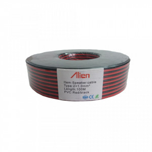 Cablu alimentare rosu-negru Alien MK025-CA100, sectiune 2x1.00mm, conductor aluminiu-cuprat, izolatie PO rezistenta, tensiune 300/500V, functionare pana la +70 grade Celsius, ideal pentru sisteme audio si curenti slabi, rola 10m