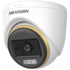 Camera supraveghere analogica HikVision turret 2MP DS‑2CE70DF3T‑LPFS(2.8mm) ColorVu dual‑light, imagine color 24/7, true WDR 130dB, 3D DNR, lumina alba/IR pana la 20 m, microfon incorporat, 4‑in‑1 TVI/AHD/CVI/CVBS