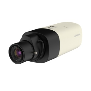 Camera supraveghere IP Hanwha Vision box 5MP XNB‑8000, WDR 120 dB, H.265/H.264, stabilizare digitala cu senzor gyro, analiza video inteligenta, auto‑tracking, audio bidirectional, slot microSD 512 GB, WiseStream II, PoE/24 V AC/12 V DC