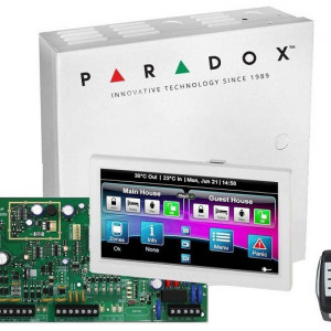 Centrala efractie radio Paradox Magellan MG5050(CT)+TM70(L)+REM15, 32 zone, 2 partitii, include tastatura touchscreen TM70L, telecomanda REM15, cutie metalica AWO152 cu transformator, frecventa 433MHz, 2 intrari zone, 2 iesiri PGM