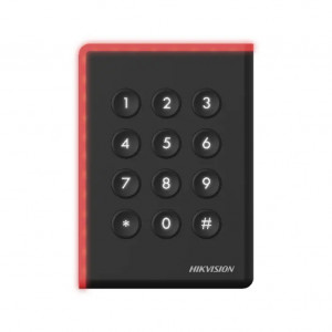 Cititor de carduri si tastatura Hikvision DS-K1108AEK, frecventa 125KHz EM, protocol RS-485, Wiegand W26/W34, OSDP, protectie antisabotaj, buzzer incorporat, indicator LED stare, montare aplicata, design robust