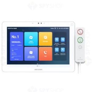 Display pacient Hikvision DS-KHB9533-WHS 1, 10.1-inch touch screen, Android 10.1, rezolutie 1280×800, camera 2MP, capacitive touch + handset buttons, memorie 2G+4G, TF card 128GB, retea cablata, 8 intrari alarma, DC12V/PoE, consum ≤8W, temperatura −10~50°