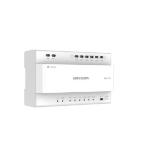 Distribuitor 2‑wire IP HikVision DS‑KAD706Y‑S, 6 porturi 2‑wire cascade, 2 interfete cascade compatibile cu seria DS‑KAD704Y/DS‑KAD706Y/DS‑KAD706Y‑S, 8 indicatori, RJ‑45, buton Reset, montaj pe sina DIN, alimentare 24 VDC