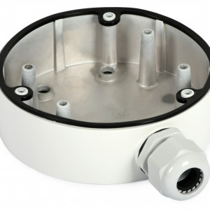 Doza de jonctiune Hikvision DS-1280ZJ-DM21 pentru camere de supraveghere tip dome, fabricata din aliaj de aluminiu, culoare Hikvision White, ideala pentru protejarea conexiunilor electrice la exterior si interior, design rezistent si durabil pentru montaj