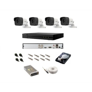 Kit complet supraveghere 5 MP Hikvision Turbo HD cu 4 camere Bullet IR 20 m, alimentatori, cabluri, mufe, HDD 1 Tb, vizualizare pe internet