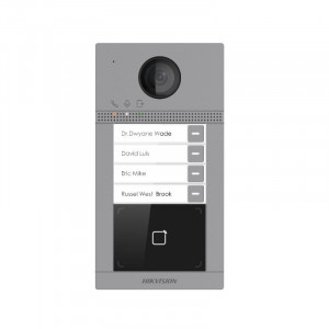 Post exterior videointerfon HikVision Villa 2MP DS-KV8413-WME1, 4 butoane apel, Wi-Fi, cititor card Mifare incorporat, carcasa aliaj aluminiu, protectie IP65 si IK08, alimentare PoE/12V, camera HD cu IR, design metalic