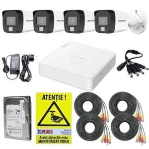 Sistem supraveghere complet Hikvision, 4 camere 5MP 3K Dual Light Audio, DVR 4 canale 3K 5MP, Accesorii, HDD 500GB