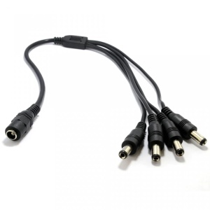 Splitter alimentare 1 x mama la 4 x tata SPAL104, mufa DC 2.1/5.5mm, utilizat pentru ramificarea alimentarii in sisteme de supraveghere CCTV, compatibil cu surse 12V-24V, design compact si rezistent