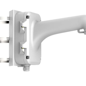 Suport montaj pe stalp Hikvision DS-1604ZJ-Pole pentru camere Speed Dome, fabricat din aliaj de aluminiu si otel, culoare alb (Hikvision White), montare verticala, rezistenta sporita la intemperii, design robust