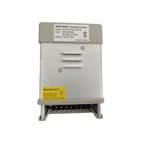 Sursa alimentare Hikvision 8 canale DS-2FA120A-DW-IN, 12VDC 10A, intrare 200-240VAC 50-60Hz, carcasa metalica cu ventilator, racire activa, montaj perete sau desktop, protecție siguranțe și suprasarcina