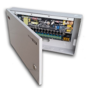 Sursa de alimentare in comutatie Vidy VD-16A, 12V-14V DC, curent total 16A, dotata cu 16 iesiri protejate individual, carcasa metalica de distributie, ideala pentru sisteme complexe de supraveghere video CCTV si securitate
